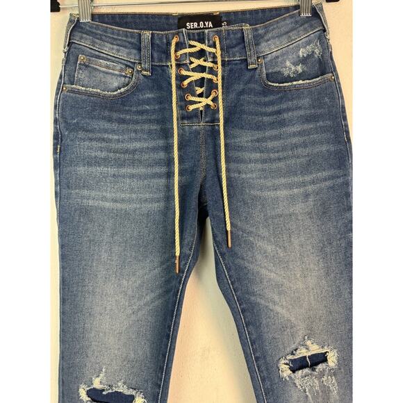 SER.O.YA Luca Lace Up Distressed Skinny Ankle Jeans in Cyprus Size 25 - Picture 3 of 16